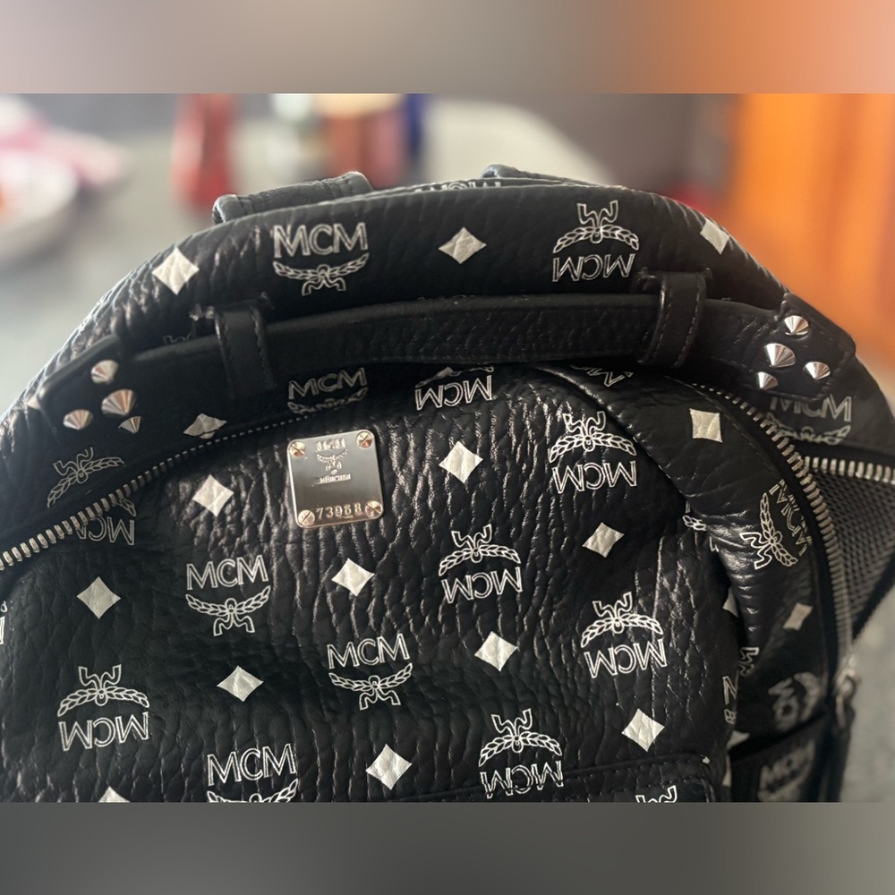 Mcm Black And White Patterned Backpack - image 4